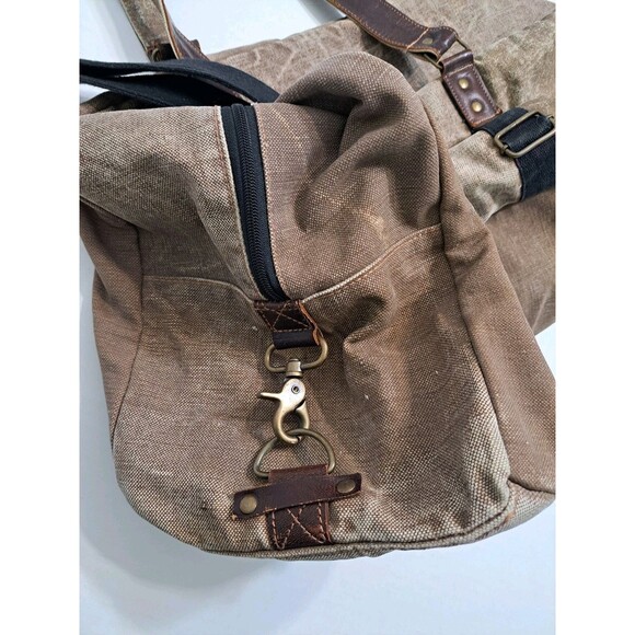 Canvas Distressed Dufflebag Brown Leather Weekender Bag Shoulder Strap Travel - Picture 3 of 8